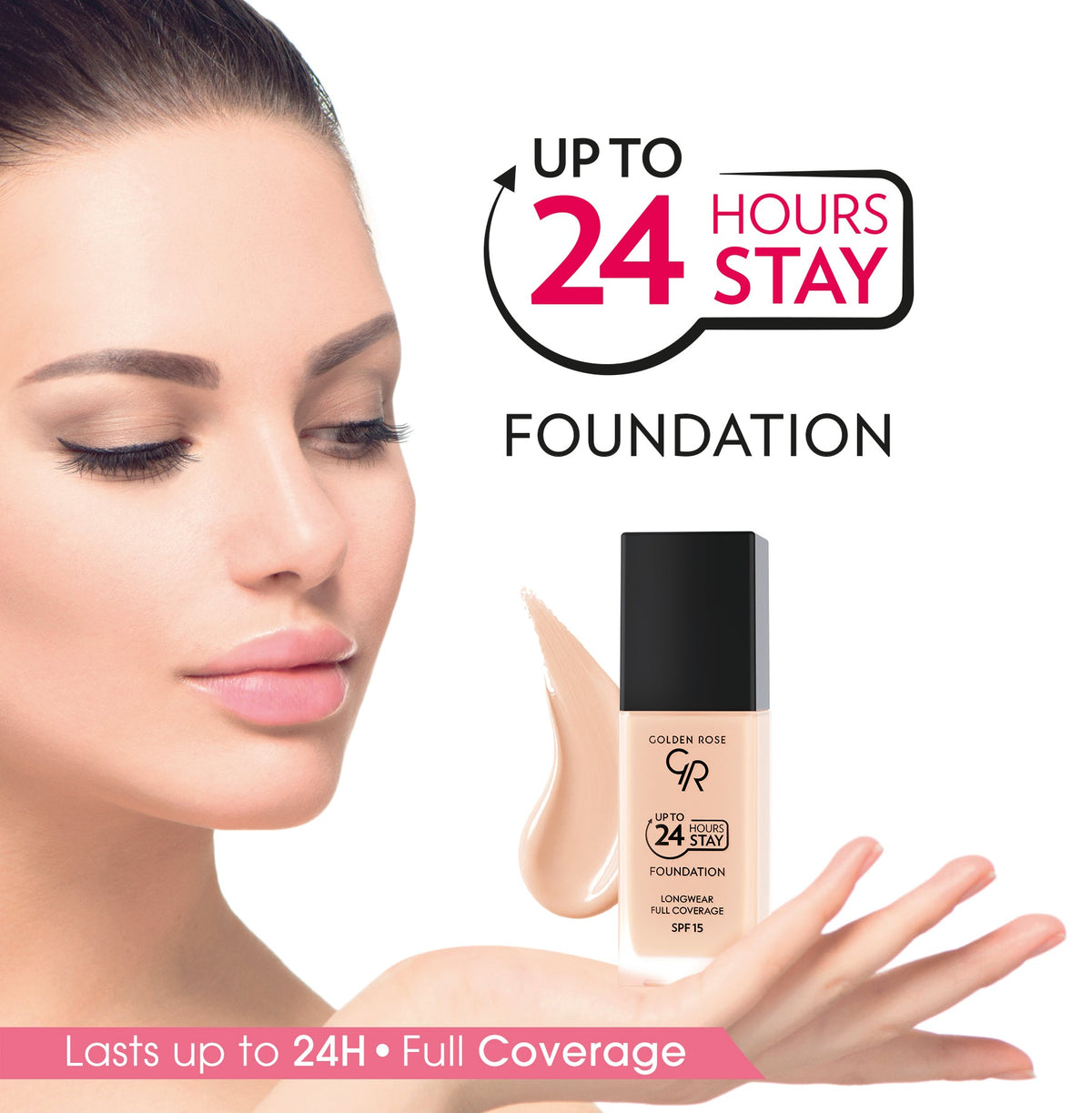 GR Up To 24 Hours Stay Foundation SPF 15 – Base de maquillaje de larga duración y alta cobertura