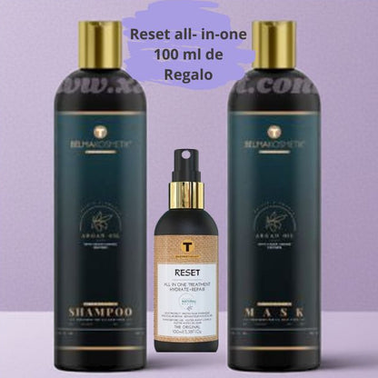 Belma kosmetik- Duo mantenimiento home- Champú argan 250 ml + Mascarilla argan 250 ml + Reset  all-in-one 100ml de regalo