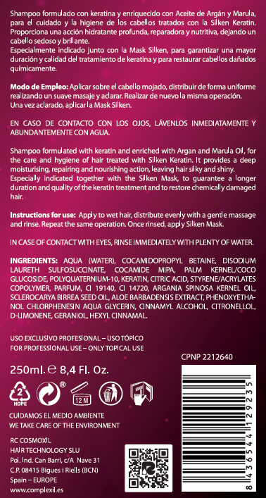 Silken keratin-Champú Silken Keratin 250ml  de mantenimiento post alisado
