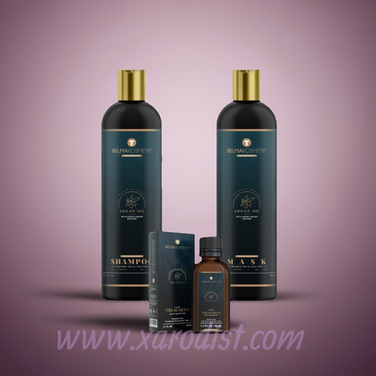 Belma kosmetik-Kit de mantenimiento de argán,champú 250 +mascarilla 250 +serúm 50 -Especial post alisado todo tipo de cabellos.