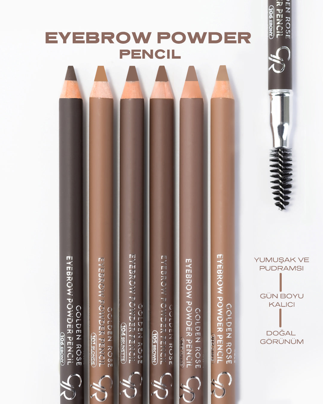 Eyebrow Powder Pencil – Lápiz de cejas con acabado empolvado y cepillo.