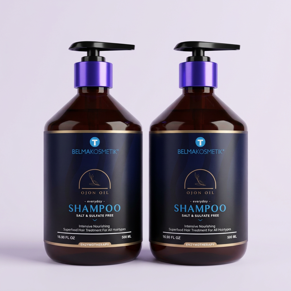 Pack de dos champús ojon Belma Kosmetik de 500 ml sobre fondo lila claro
