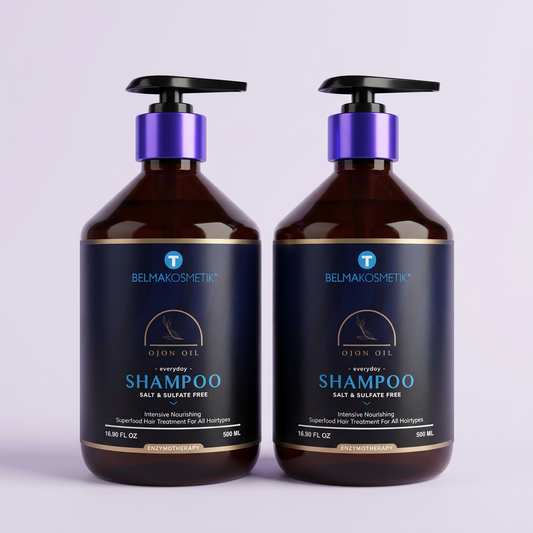 Pack de dos champús ojon Belma Kosmetik de 500 ml sobre fondo lila claro