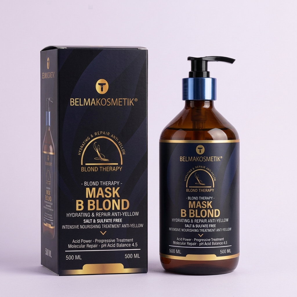 Mascarilla BBlond Anti-Yellow Hydrating Mask 500 ml con caja sobre fondo lila suave