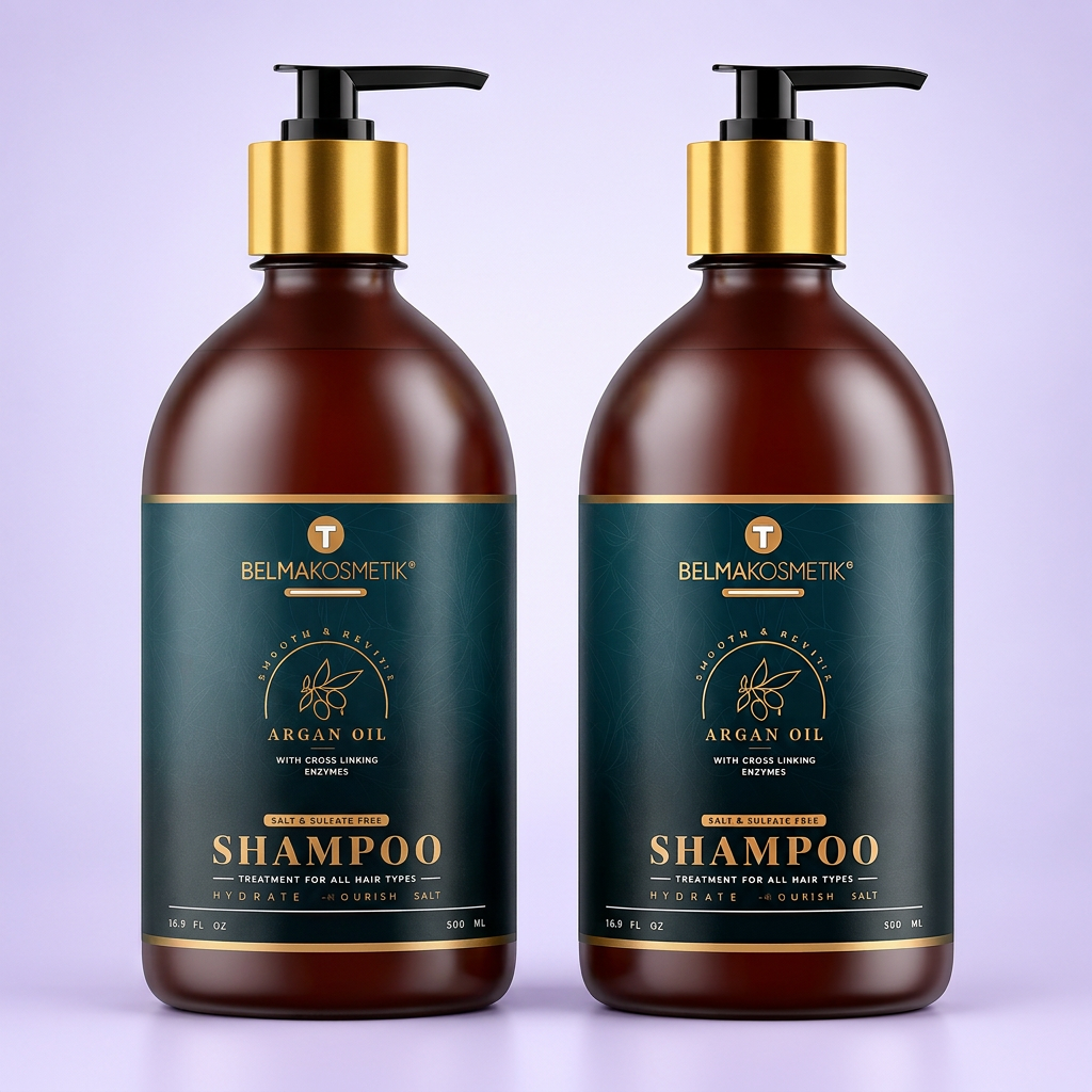 Pack de dos champús de argán Belma Kosmetik de 500 ml sobre fondo lila claro