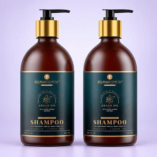 Pack de dos champús de argán Belma Kosmetik de 500 ml sobre fondo lila claro