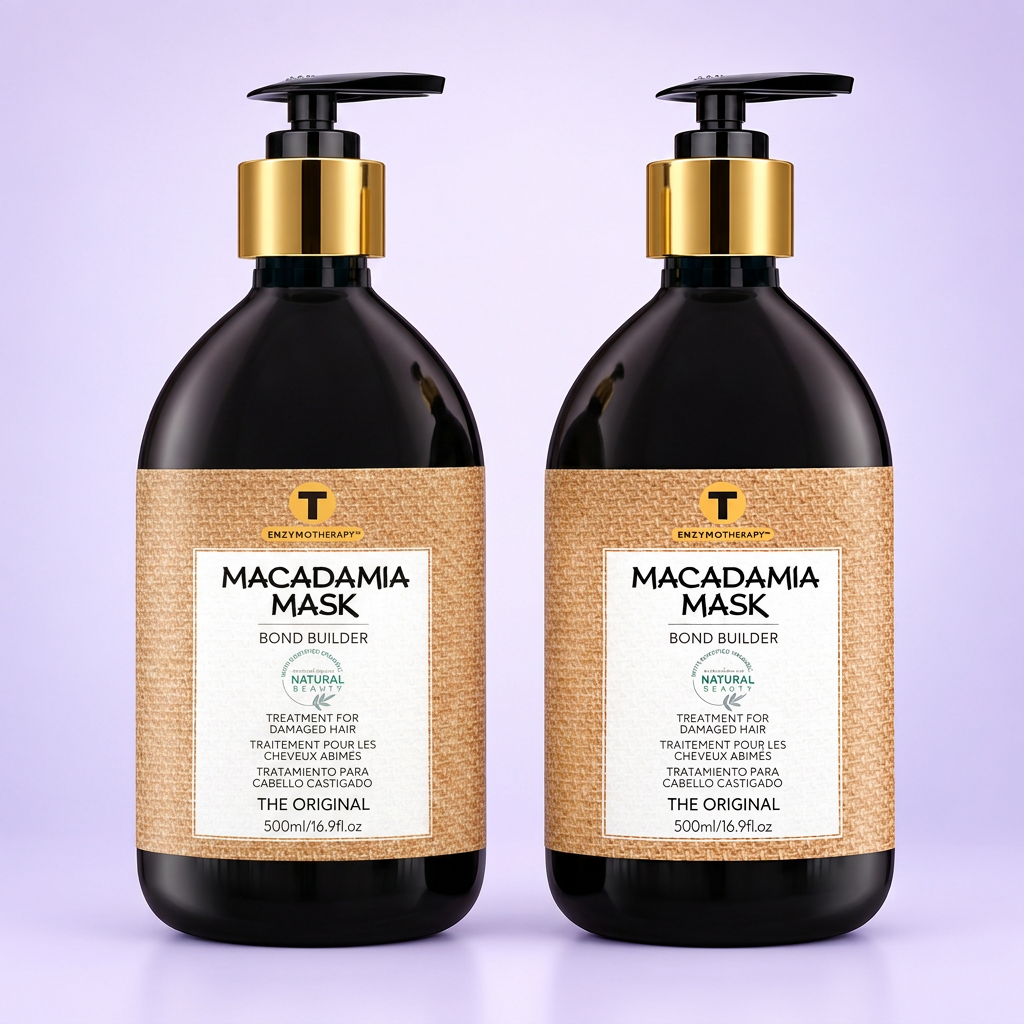 Pack de dos mascarillas de macadamia Belma Kosmetik de 500 ml sobre fondo lila claro