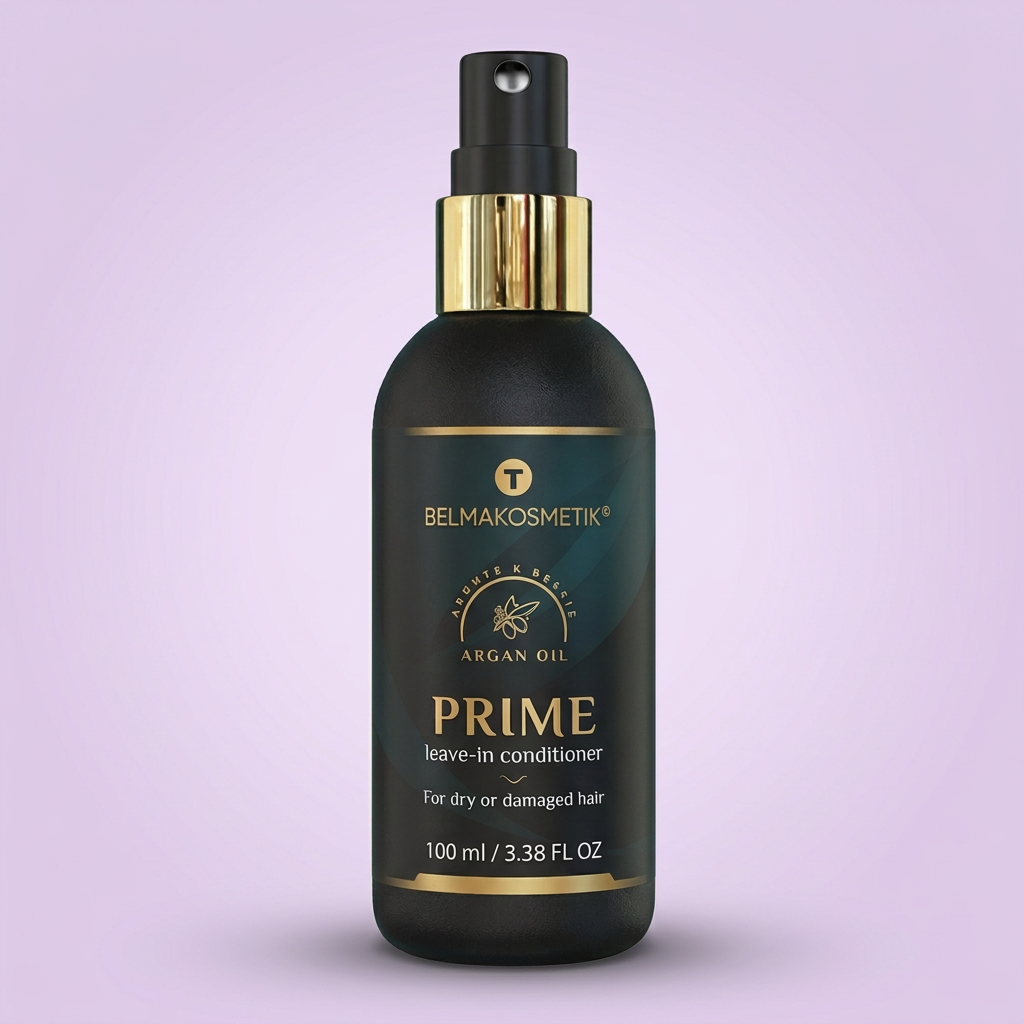 Belma Kosmetik Prime Argán 100 ml sobre fondo lila claro, formato cuadrado