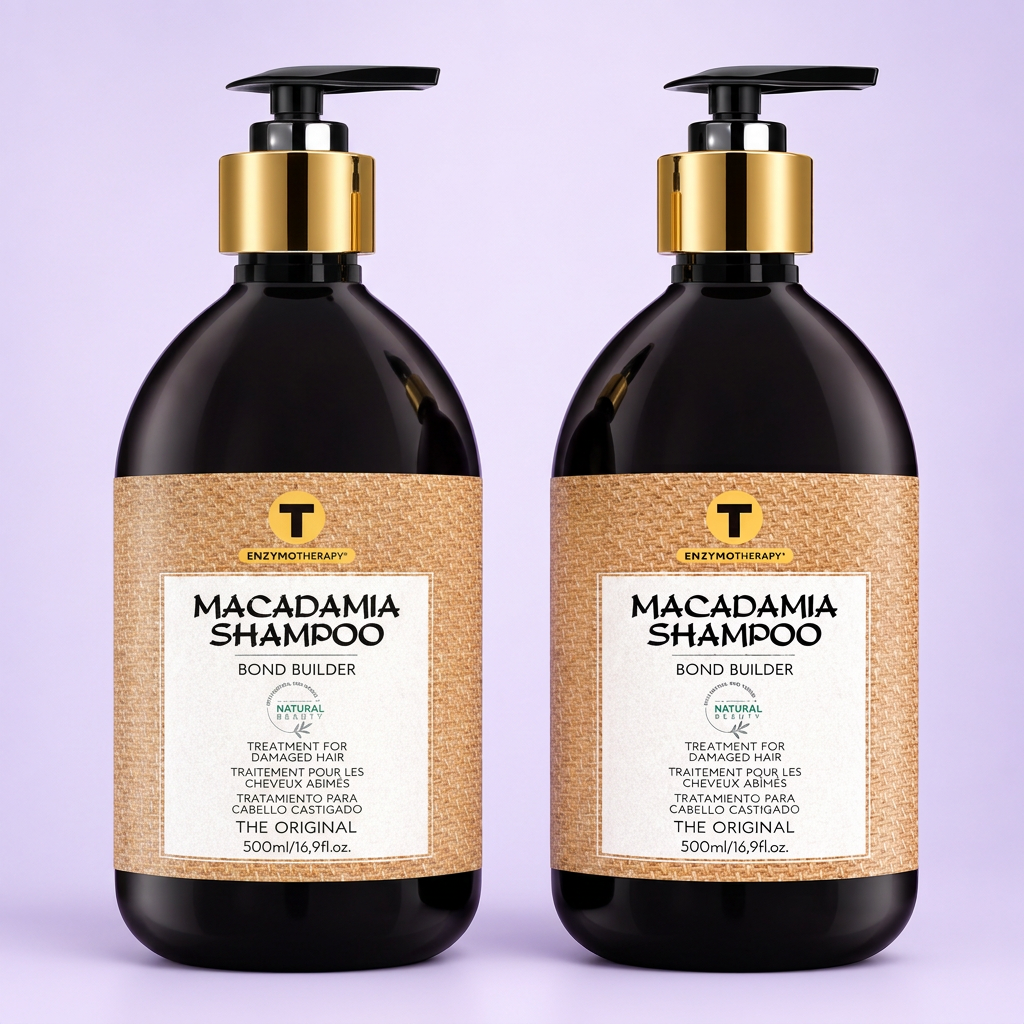 Pack de dos champús de macadamia Belma Kosmetik de 500 ml sobre fondo lila claro