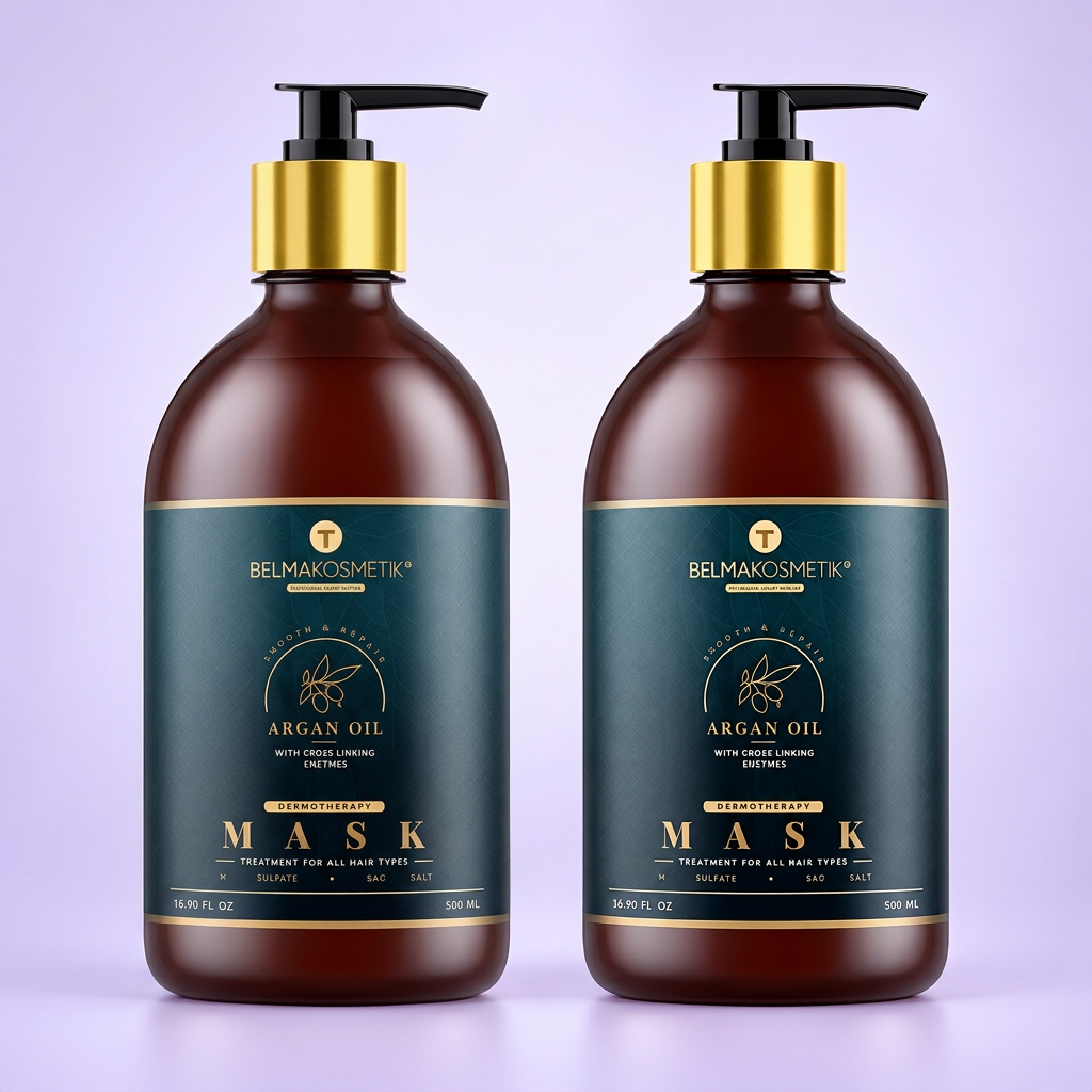 Pack de dos mascarillas de argán Belma Kosmetik de 500 ml sobre fondo lila claro