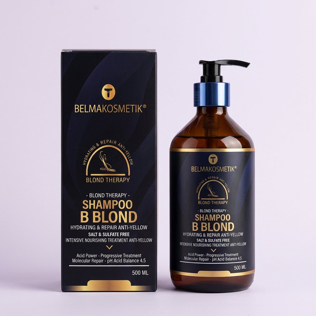 Xampú BBlond de 500 ml amb caixa i fons lila suau